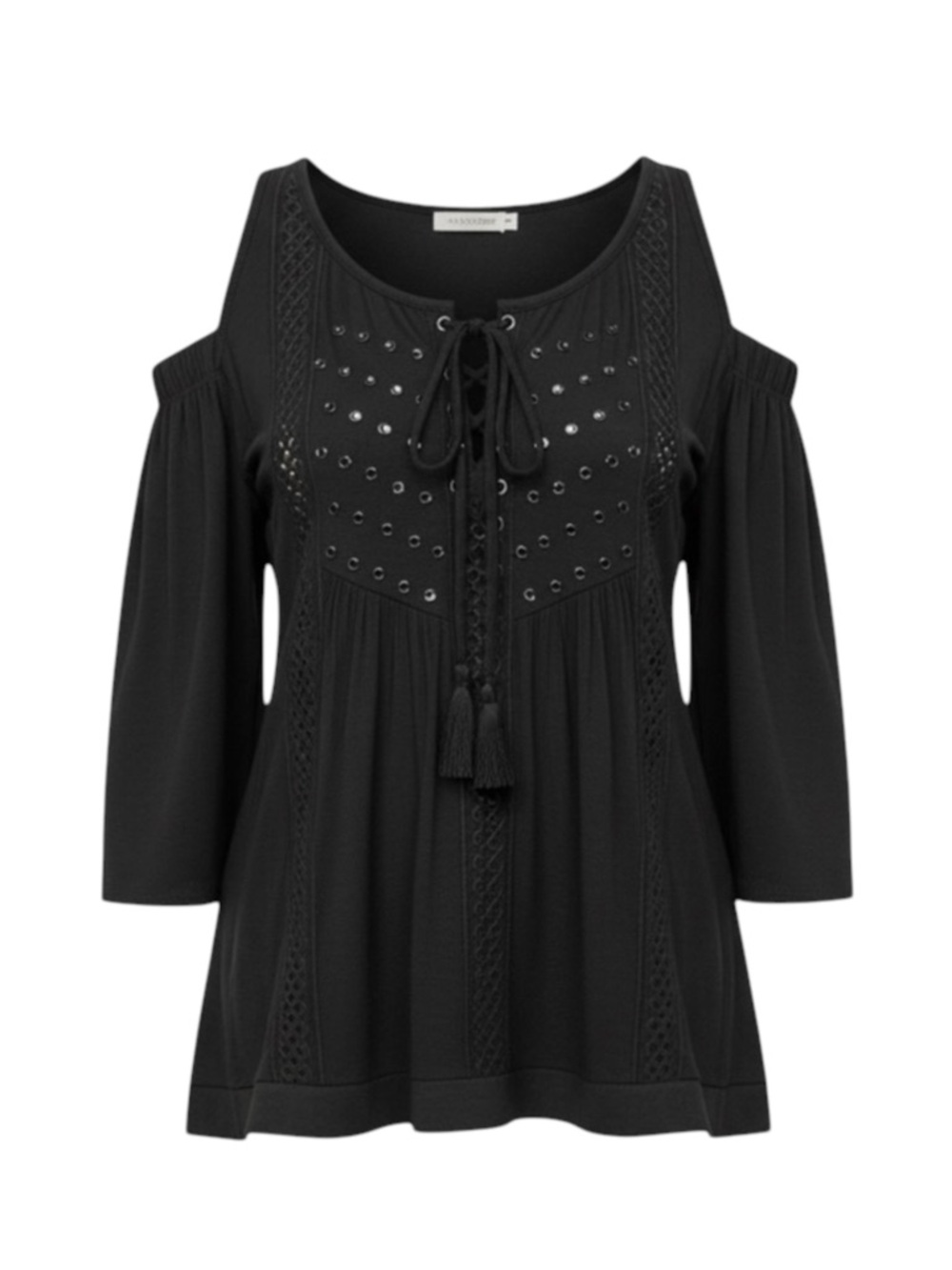 new Hale Bob ༄ Shaina Silk Crochet Cotton Voile Cold Shoulder Top ༄ Black XS - Picture 13 of 16